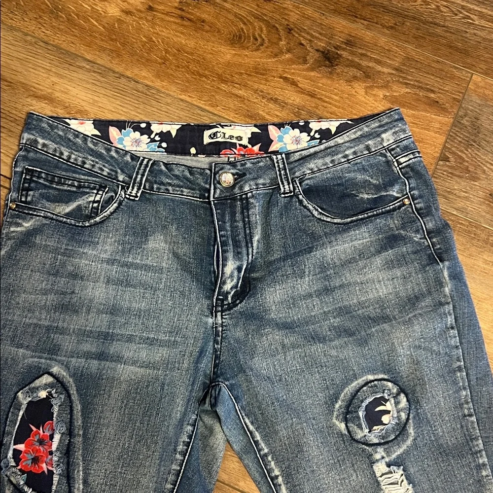 Sz 13 Cleo Blue Straight Leg Jeans with Floral and Distressed Details - Picture 4 of 7